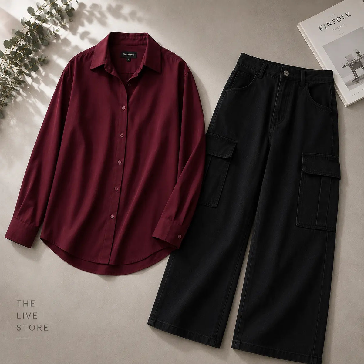 DUO PACK (MAROON BUTTON DOWN SHIRT & BLACK CARGO DENIM JEANS) The Live Store