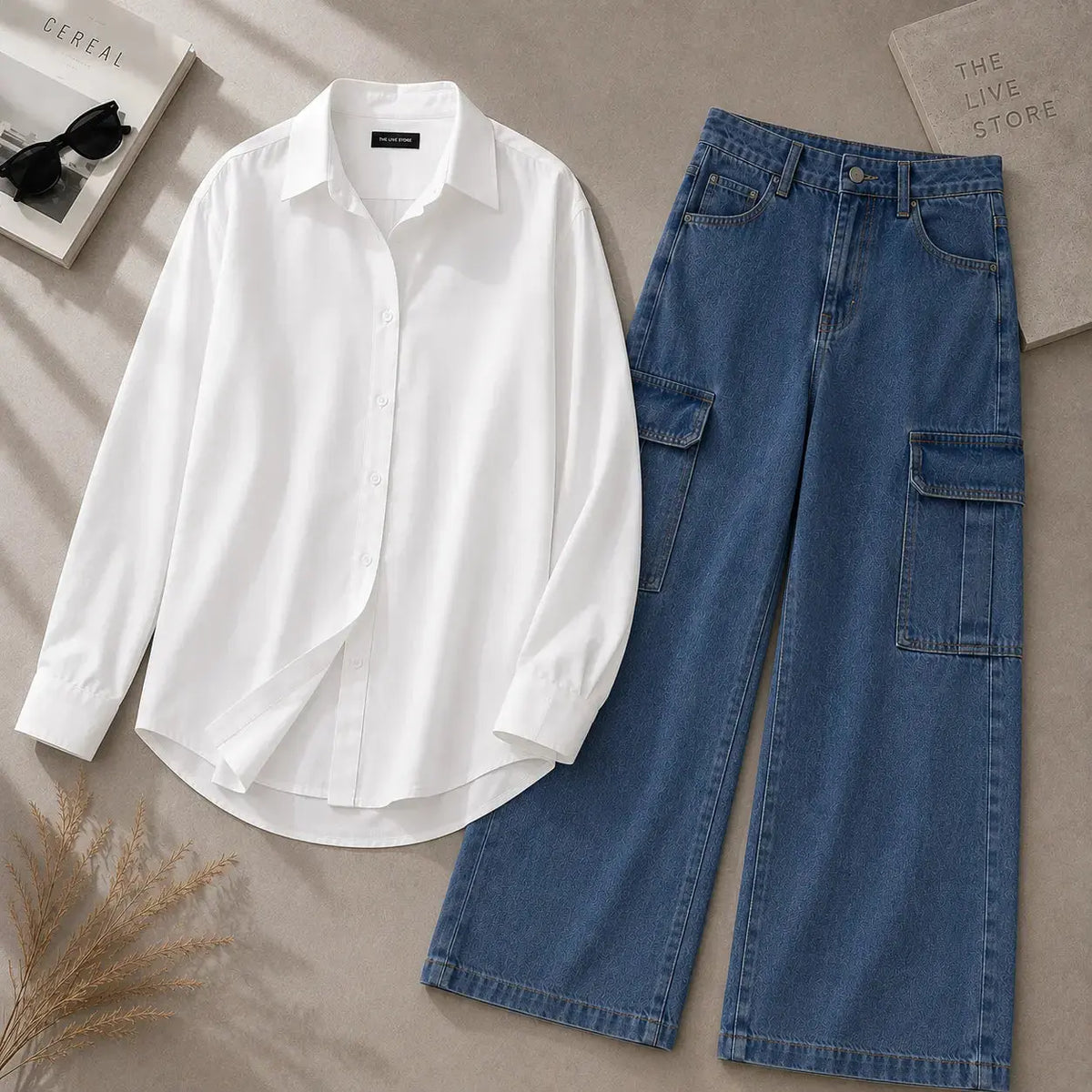 DUO PACK (WHITE BUTTON DOWN SHIRT & DARK BLUE CARGO DENIM JEANS ) The Live Store