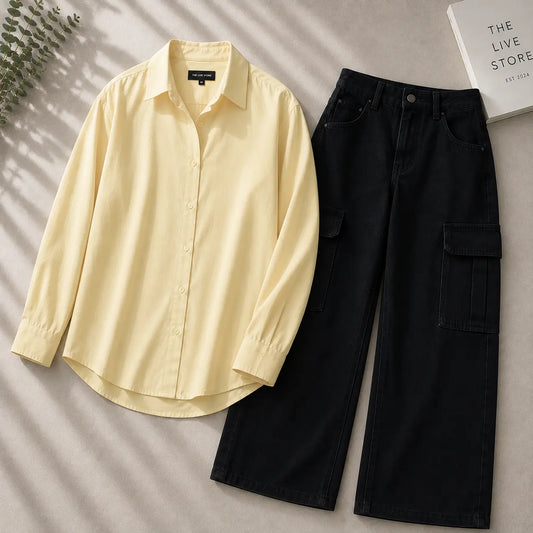 DUO PACK (BUTTER YELLOW BUTTON DOWN SHIRT & BLACK CARGO DENIM JEANS) The Live Store