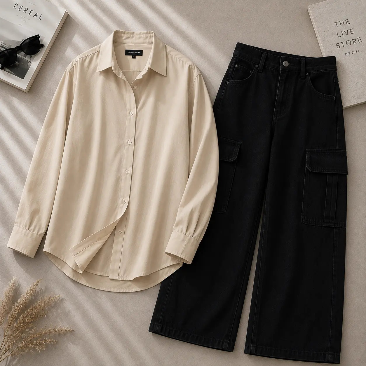 DUO PACK (BEIGE BUTTON DOWN SHIRT & BLACK CARGO DENIM JEANS) The Live Store