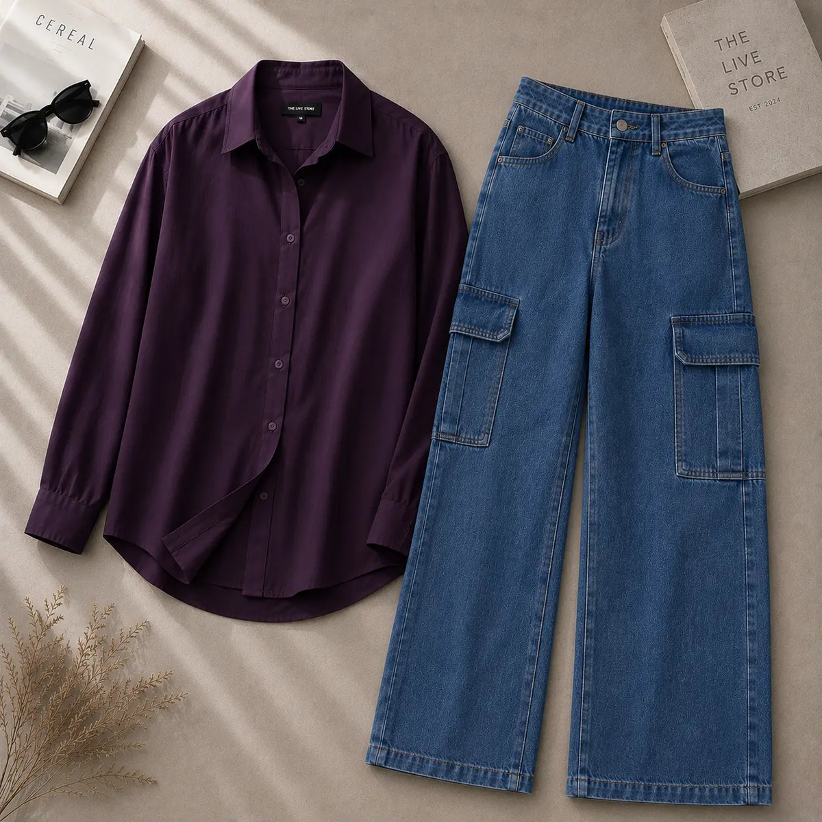 DUO PACK (DARK PURPLE BUTTON DOWN SHIRT & DARK BLUE CARGO DENIM JEANS) The Live Store