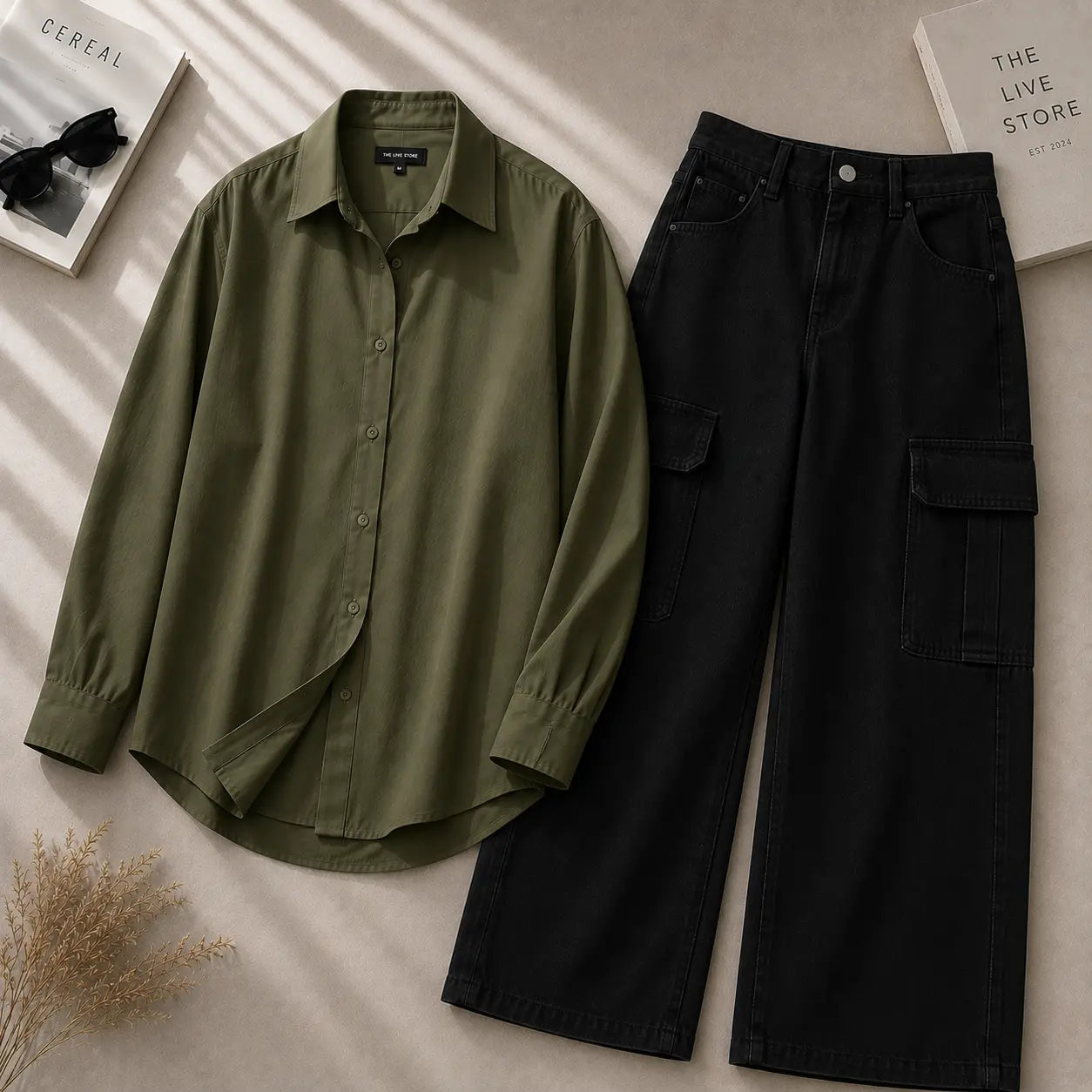 DUO PACK (OLIVE GREEN BUTTON DOWN SHIRT & BLACK CARGO DENIM JEANS) The Live Store