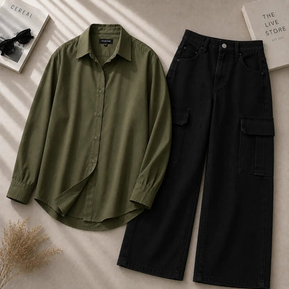 DUO PACK (OLIVE GREEN BUTTON DOWN SHIRT & BLACK CARGO DENIM JEANS) The Live Store