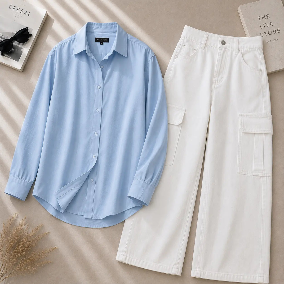 DUO PACK (SKY BLUE BUTTON DOWN SHIRT & WHITE CARGO DENIM JEANS) The Live Store