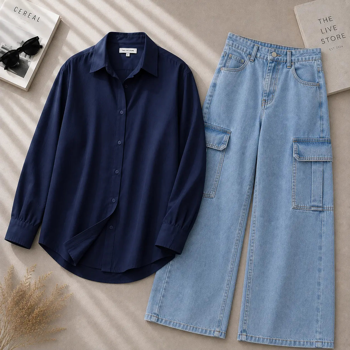 DUO PACK (NAVY BLUE BUTTON DOWN SHIRT & SKY BLUE CARGO DENIM JEANS) The Live Store
