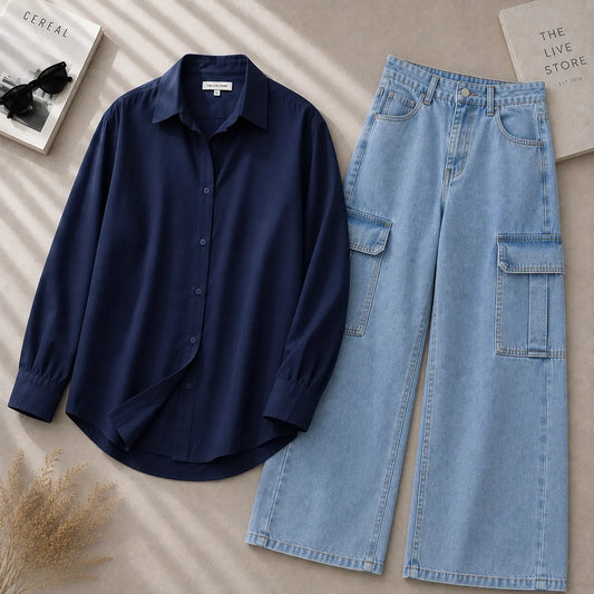 DUO PACK (NAVY BLUE BUTTON DOWN SHIRT & SKY BLUE CARGO DENIM JEANS) The Live Store