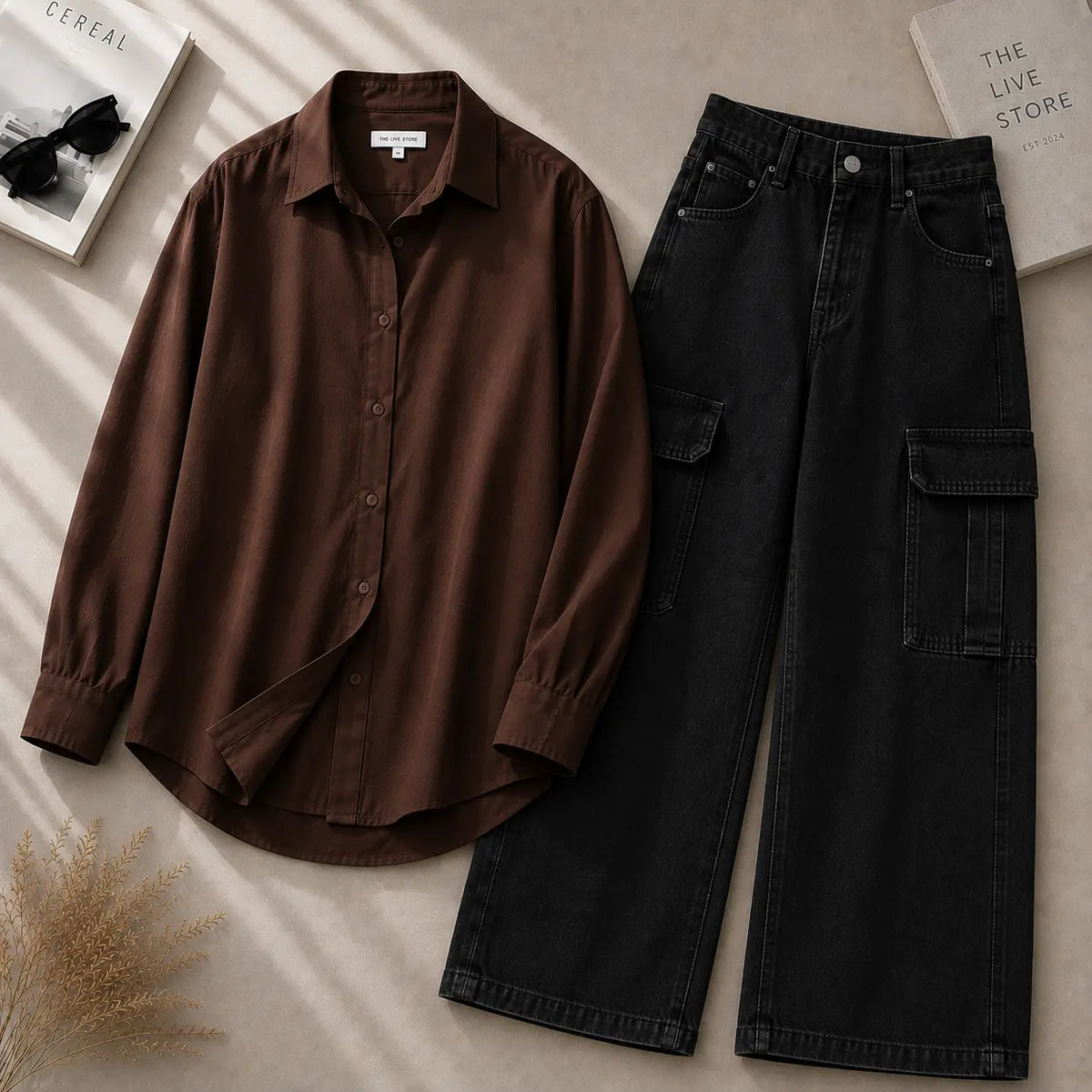 DUO PACK (BROWN BUTTON DOWN SHIRT & BLACK CARGO DENIM JEANS) The Live Store