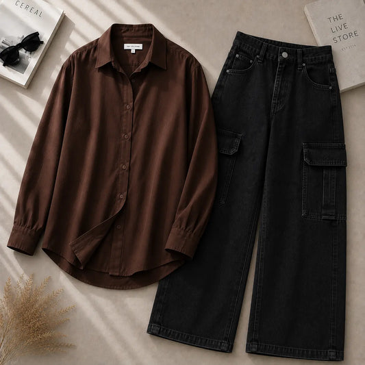 DUO PACK (BROWN BUTTON DOWN SHIRT & BLACK CARGO DENIM JEANS) The Live Store