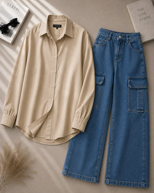 DUO PACK (BEIGE BUTTON DOWN SHIRT & MID BLUE CARGO DENIM JEANS) The Live Store