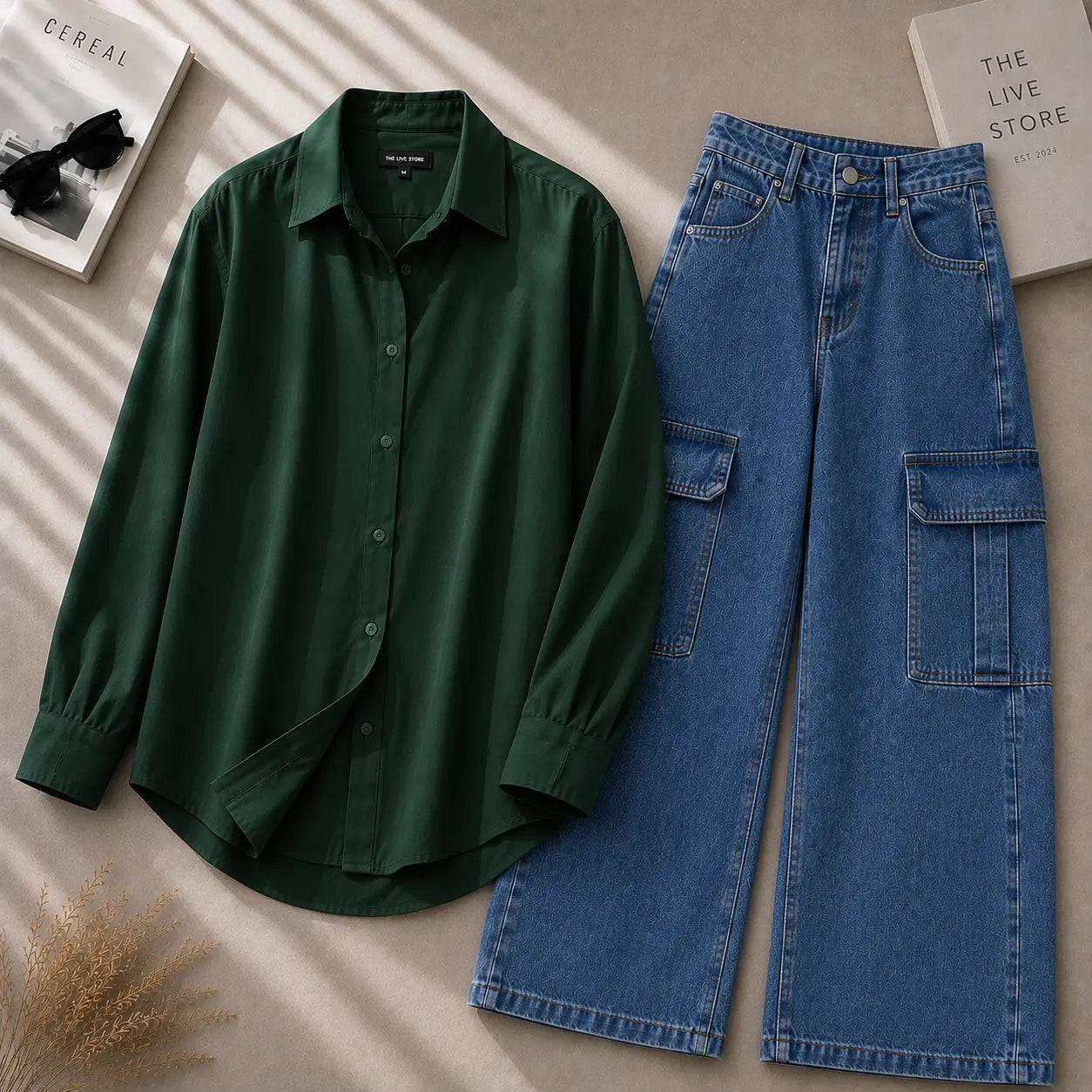 DUO PACK (BOTTLE GREEN BUTTON DOWN SHIRT & MID BLUE CARGO DENIM JEANS) The Live Store