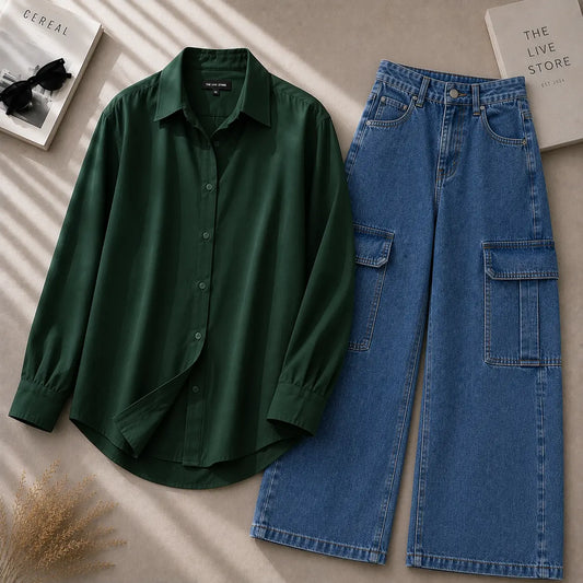 DUO PACK (BOTTLE GREEN BUTTON DOWN SHIRT & MID BLUE CARGO DENIM JEANS) The Live Store