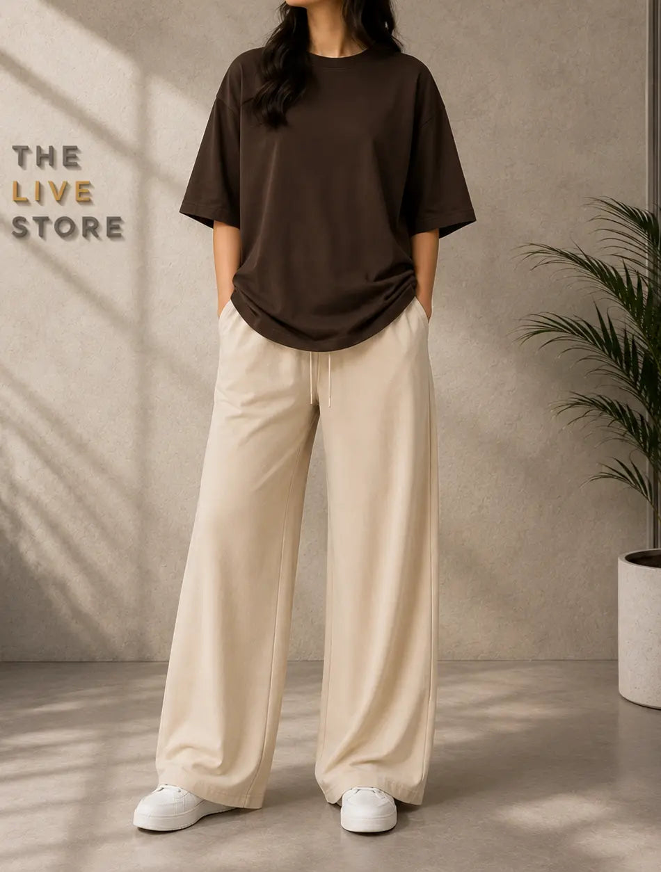 DUO PACK (BROWN DROP SHOULDER TEE & BEIGE FLAPPER TROUSER) The Live Store