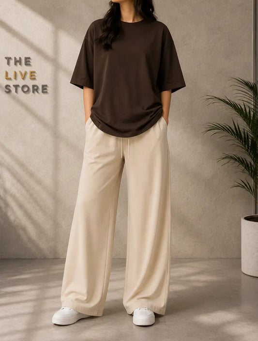 DUO PACK (BROWN DROP SHOULDER TEE & BEIGE FLAPPER TROUSER) The Live Store