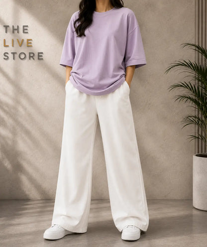DUO PACK (LILAC DROP SHOULDER TEE & WHITE FLAPPER TROUSER) The Live Store