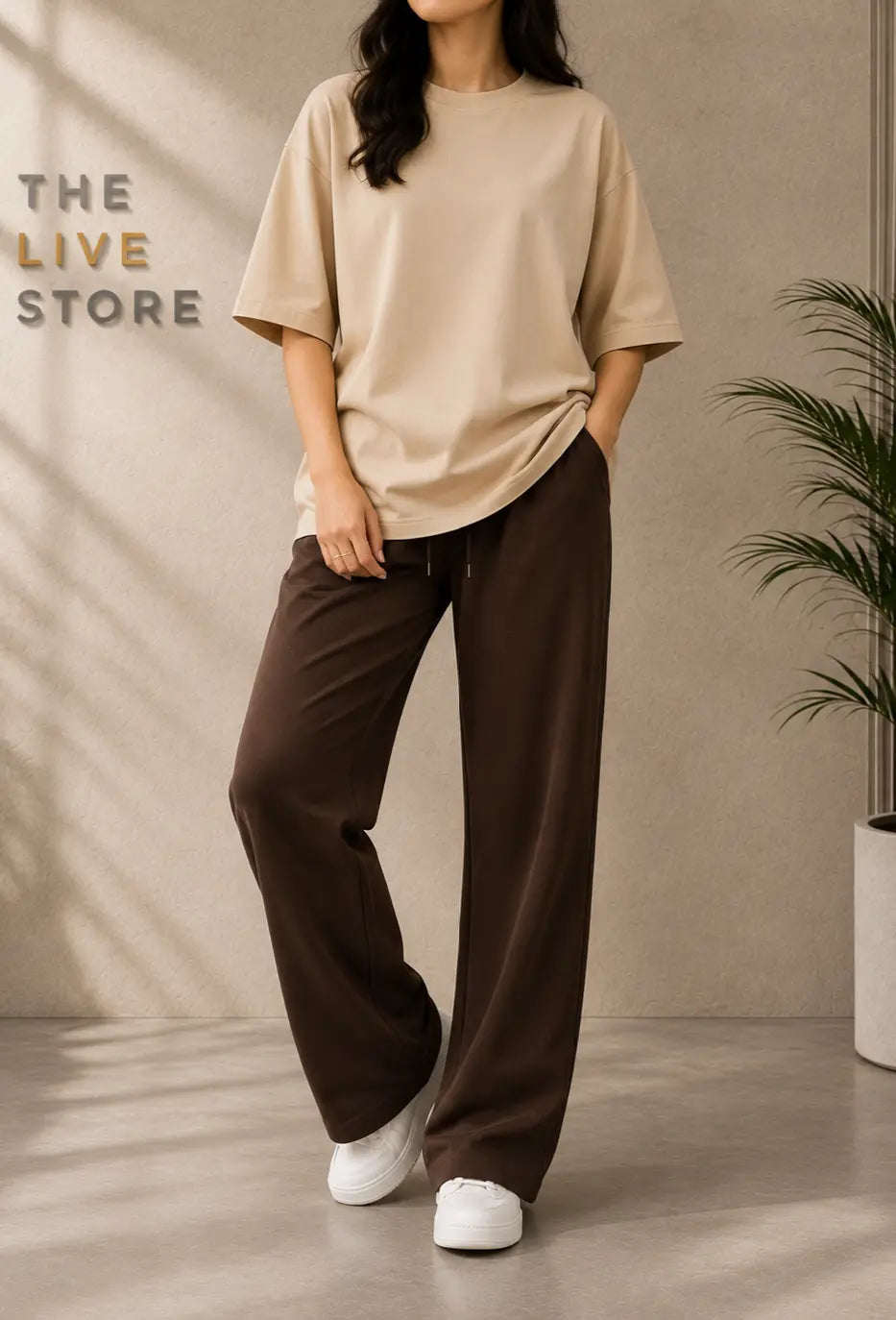 DUO PACK (BEIGE DROP SHOULDER TEE & BROWN FLAPPER TROUSER) The Live Store