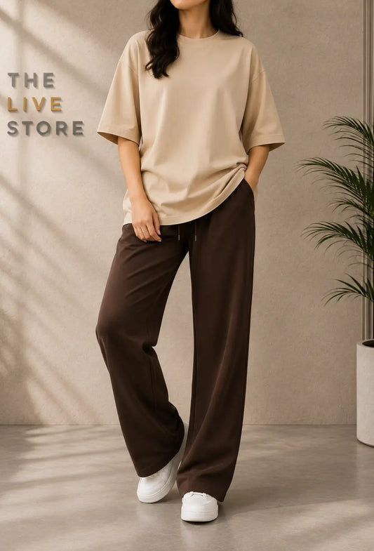 DUO PACK (BEIGE DROP SHOULDER TEE & BROWN FLAPPER TROUSER) The Live Store