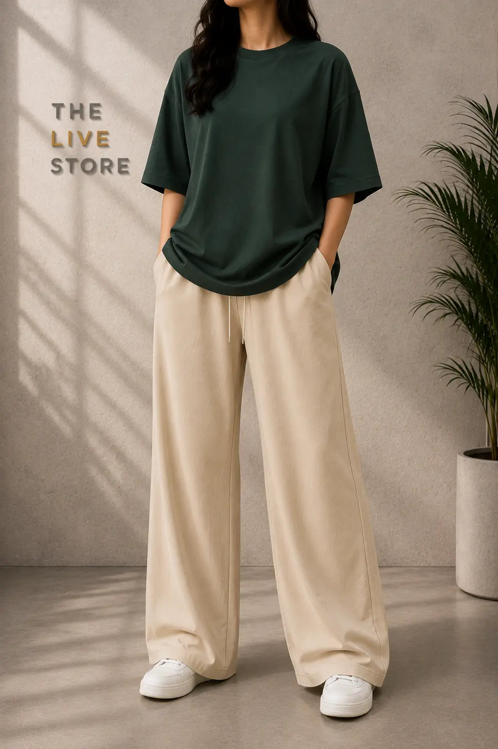 DUO PACK (BOTTLE GREEN DROP SHOULDER TEE & BEIGE FLAPPER TROUSER) The Live Store
