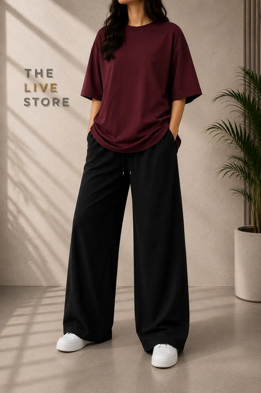 DUO PACK (MAROON DROP SHOULDER TEE & BLACK FLAPPER TROUSER) The Live Store