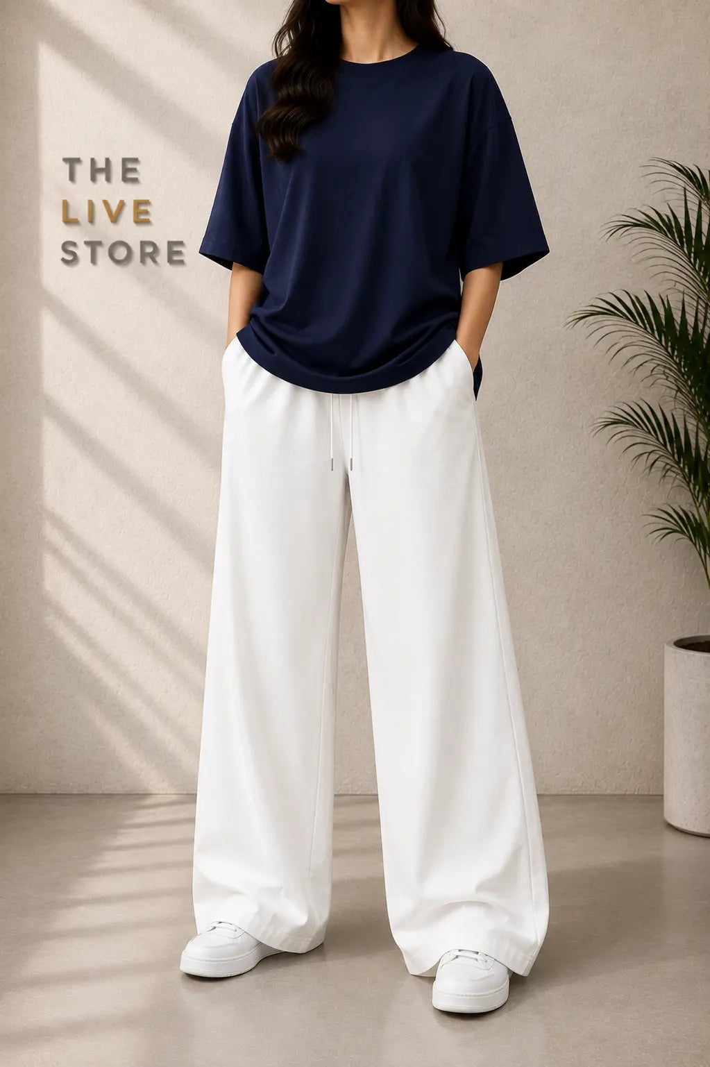 DUO PACK (NAVY BLUE DROP SHOULDER TEE & WHITE FLAPPER TROUSER) The Live Store