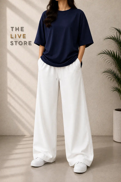 DUO PACK (NAVY BLUE DROP SHOULDER TEE & WHITE FLAPPER TROUSER) The Live Store