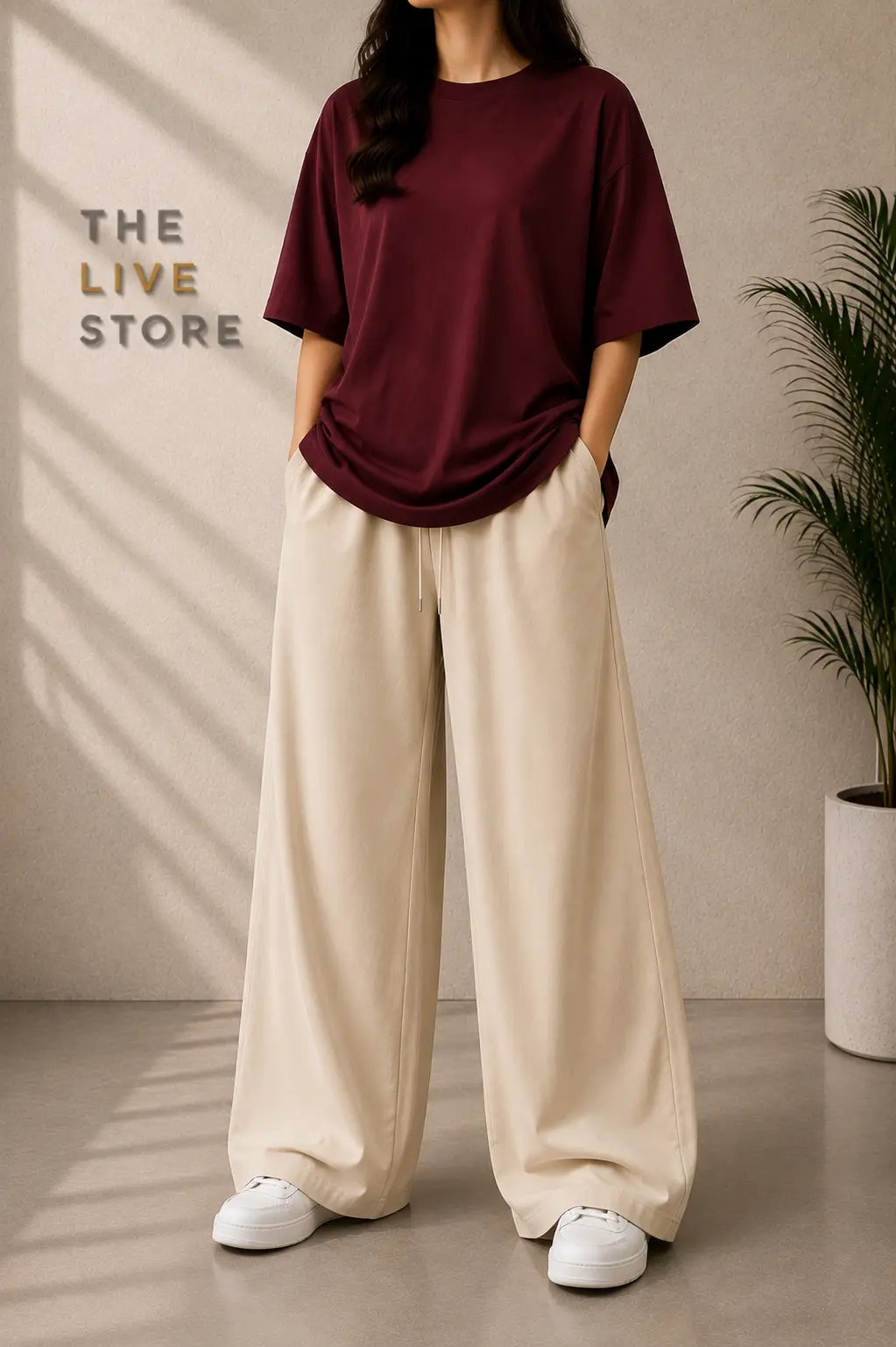 DUO PACK (MAROON DROP SHOULDER TEE & BEIGE FLAPPER TROUSER) The Live Store