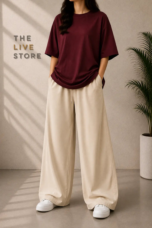 DUO PACK (MAROON DROP SHOULDER TEE & BEIGE FLAPPER TROUSER) The Live Store