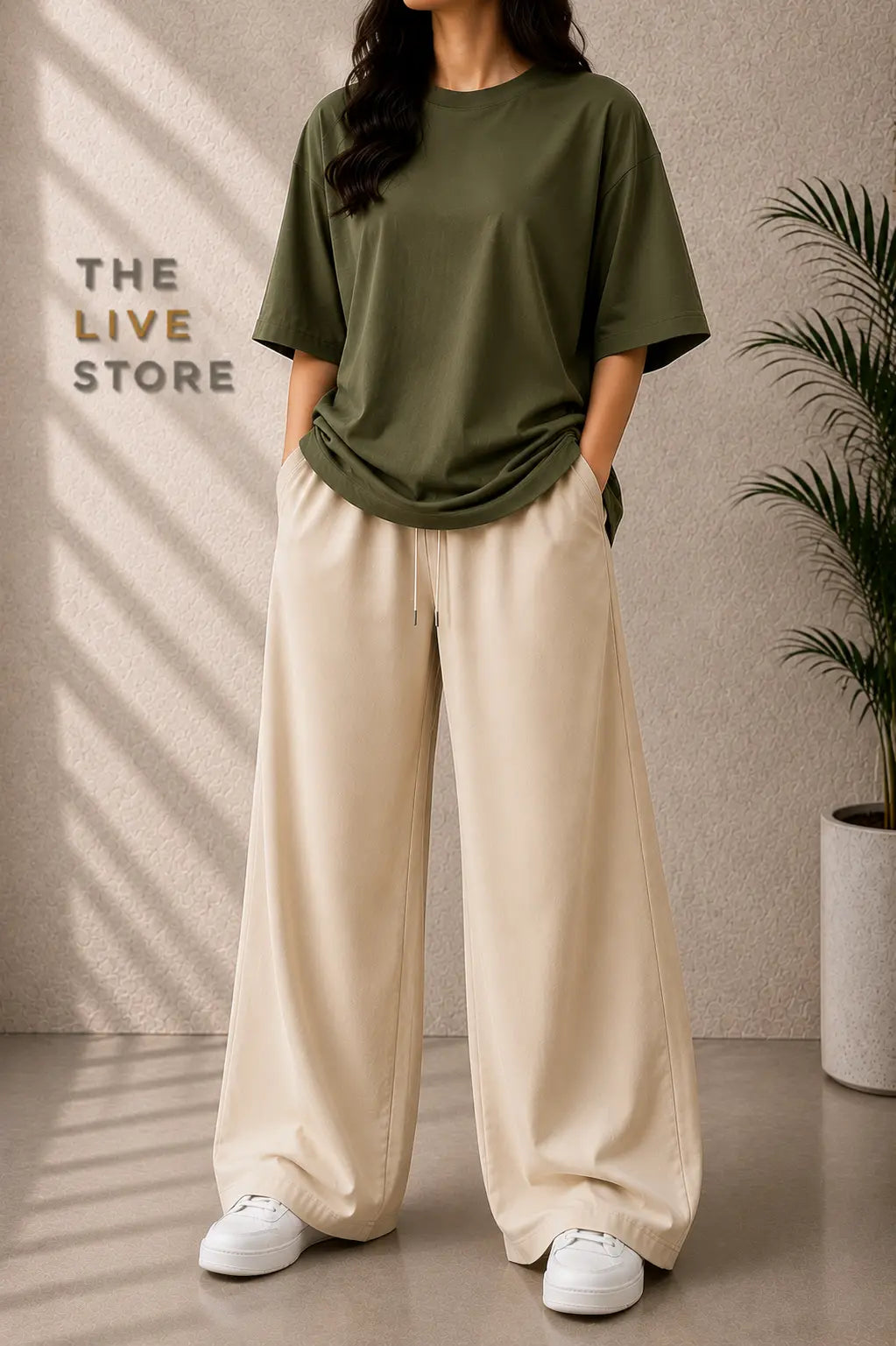 DUO PACK (OLIVE GREEN DROP SHOULDER TEE & BEIGE FLAPPER TROUSER) The Live Store