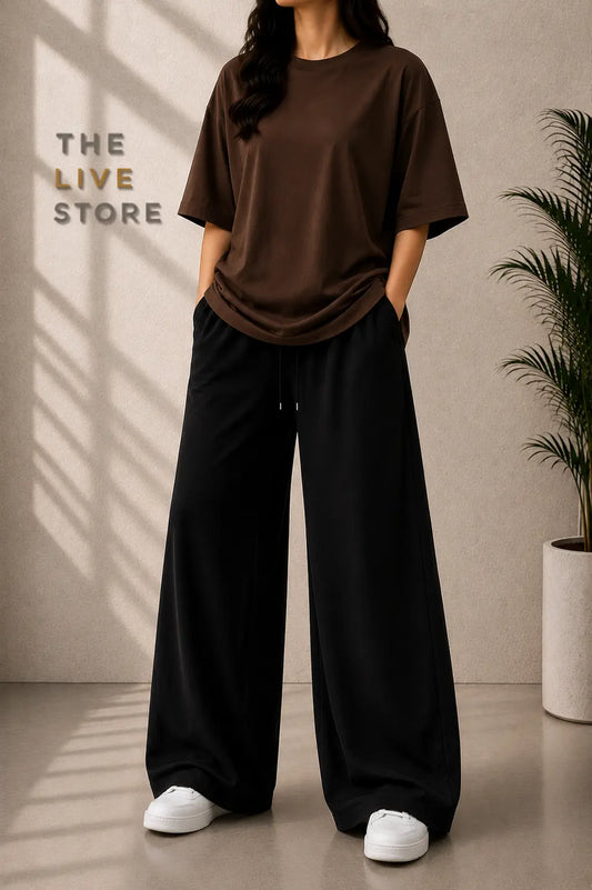 DUO PACK (BROWN DROP SHOULDER TEE & BLACK FLAPPER TROUSER) The Live Store