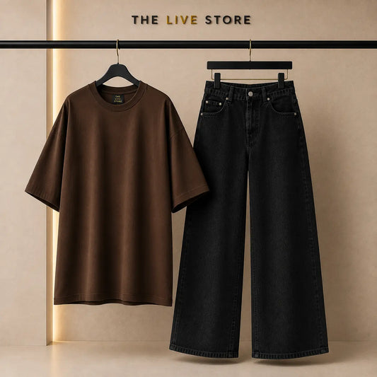 DUO PACK (BROWN DROP SHOULDER TEE & BLACK WIDE LEG JEANS) The Live Store
