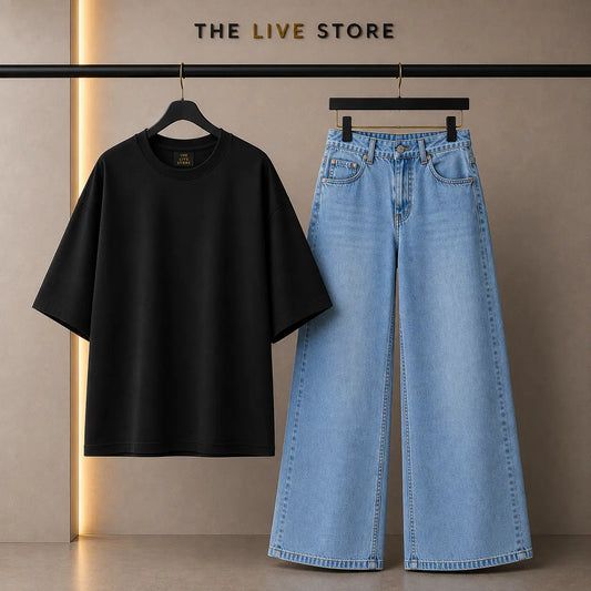DUO PACK (BLACK DROP SHOULDER TEE & SKY BLUE WIDE LEG JEANS) The Live Store