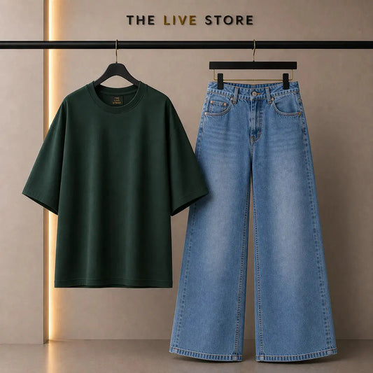 DUO PACK (BOTTLE GREEN DROP SHOULDER TEE & MID BLUE WIDE LEG JEANS) The Live Store