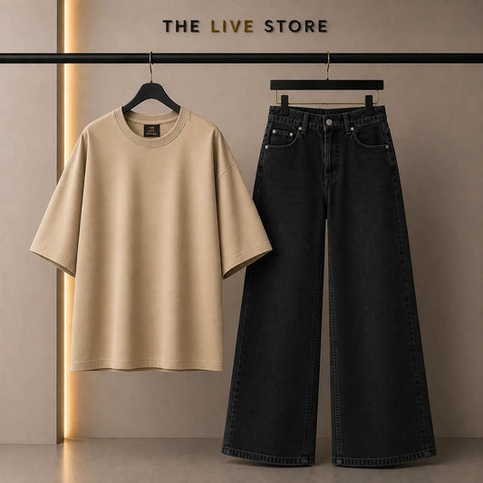 DUO PACK (BEIGE DROP SHOULDER TEE & BLACK WIDE LEG JEANS) The Live Store