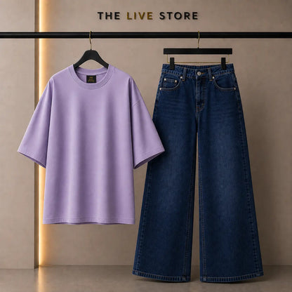 DUO PACK (LILAC DROP SHOULDER TEE & DARK BLUE WIDE LEG JEANS) The Live Store