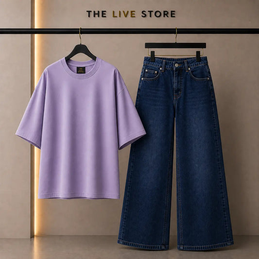 DUO PACK (LILAC DROP SHOULDER TEE & DARK BLUE WIDE LEG JEANS) The Live Store