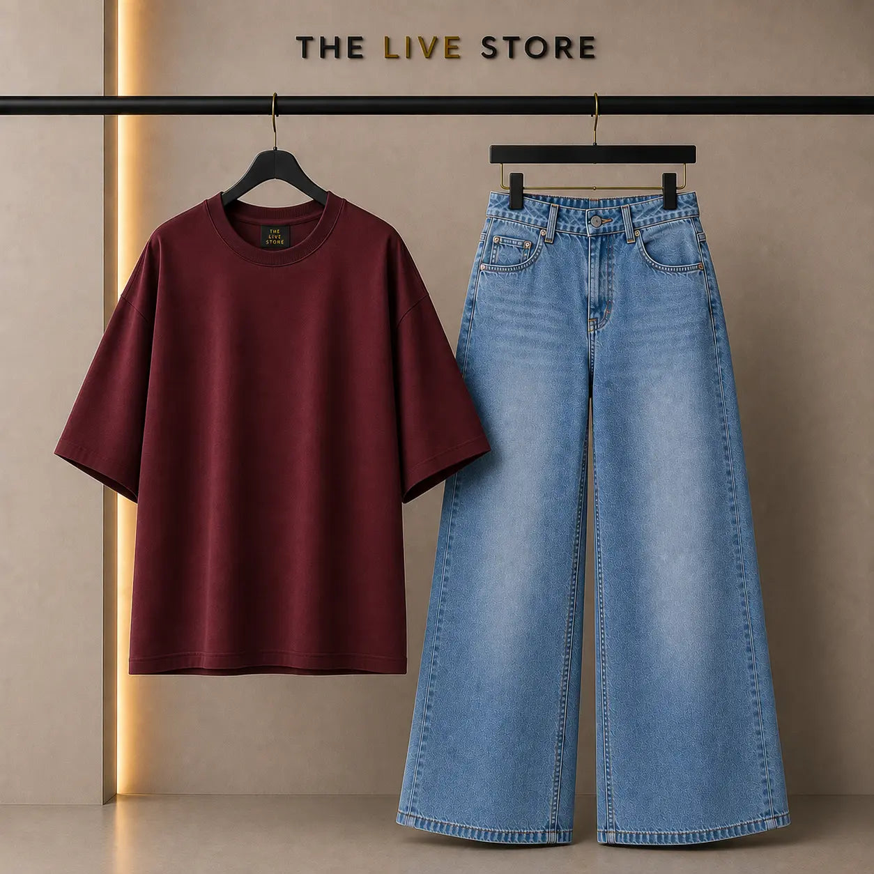 DUO PACK (MAROON DROP SHOULDER TEE & SKY BLUE WIDE LEG JEANS) The Live Store