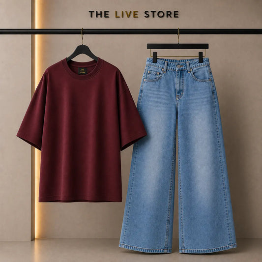 DUO PACK (MAROON DROP SHOULDER TEE & SKY BLUE WIDE LEG JEANS) The Live Store