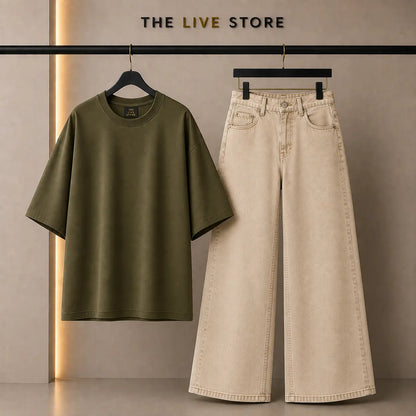 DUO PACK (OLIVE GREEN DROP SHOULDER TEE & BEIGE WIDE LEG JEANS) The Live Store