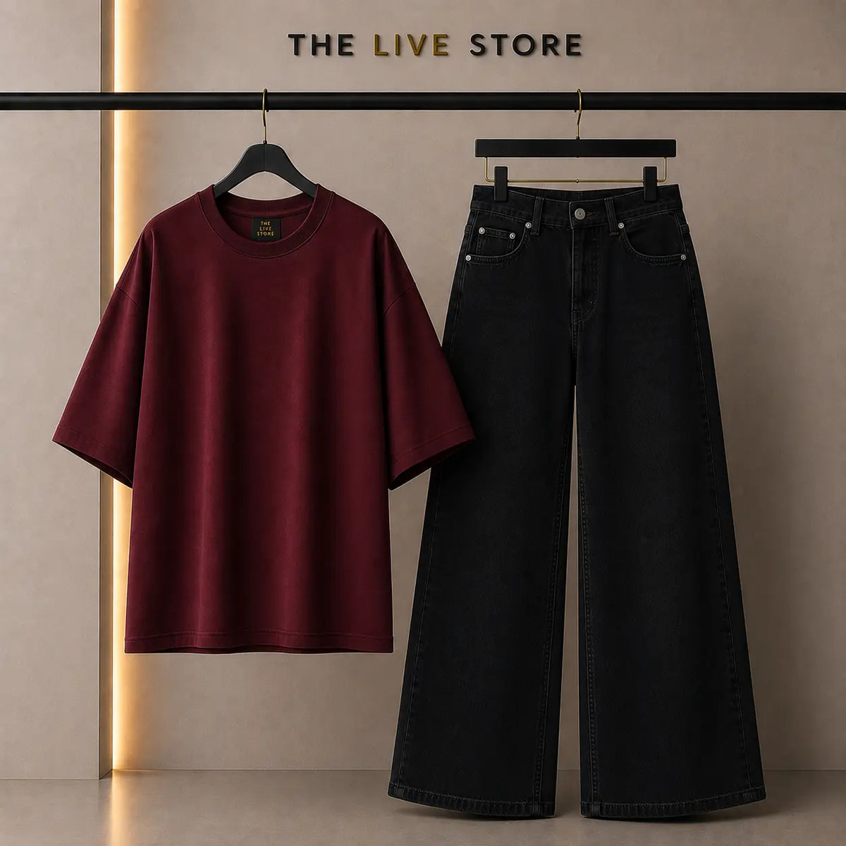 DUO PACK (MAROON DROP SHOULDER TEE & BLACK WIDE LEG JEANS) The Live Store