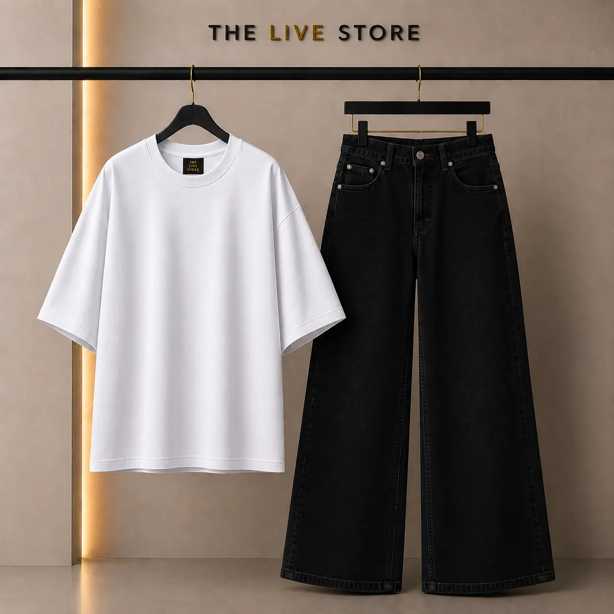 DUO PACK (WHITE DROP SHOULDER TEE & BLACK WIDE LEG JEANS) The Live Store