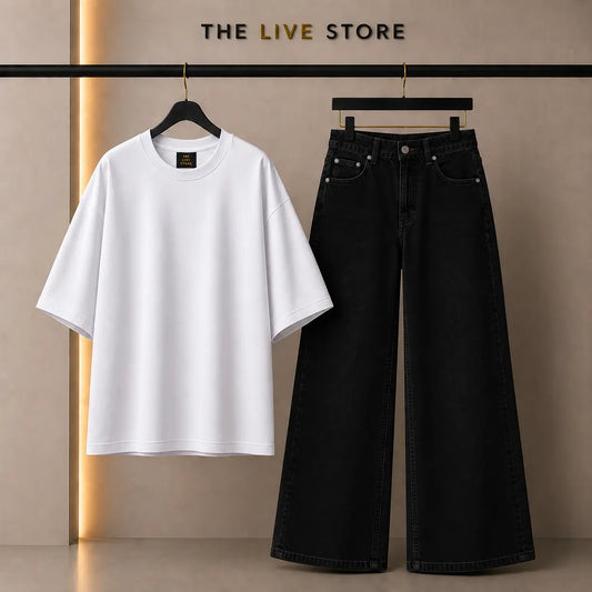 DUO PACK (WHITE DROP SHOULDER TEE & BLACK WIDE LEG JEANS) The Live Store