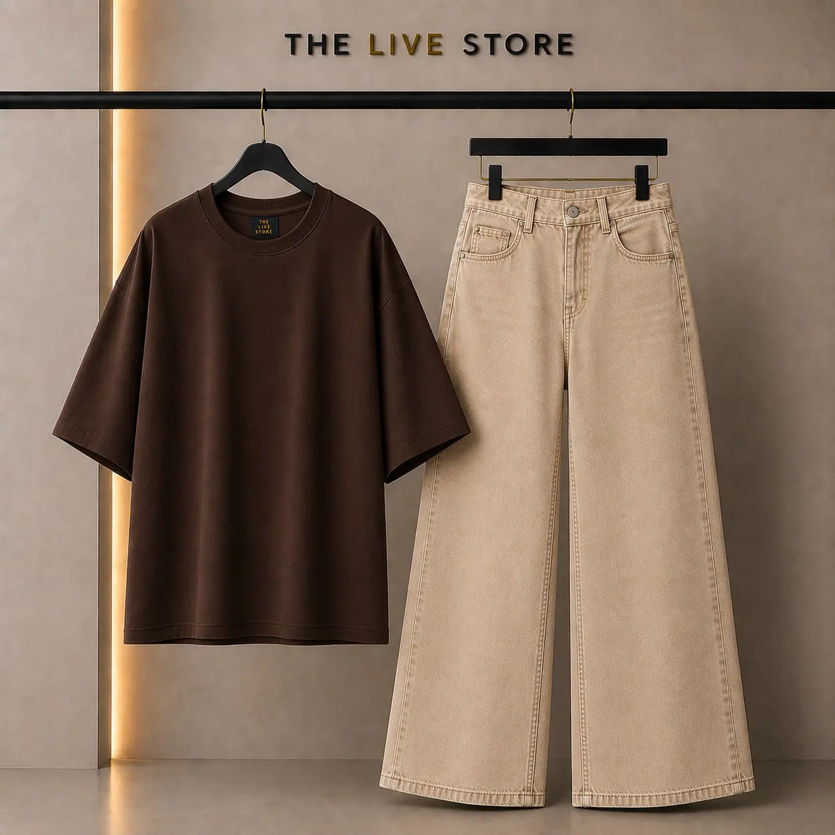 DUO PACK (BROWN DROP SHOULDER TEE & BEIGE WIDE LEG JEANS) The Live Store