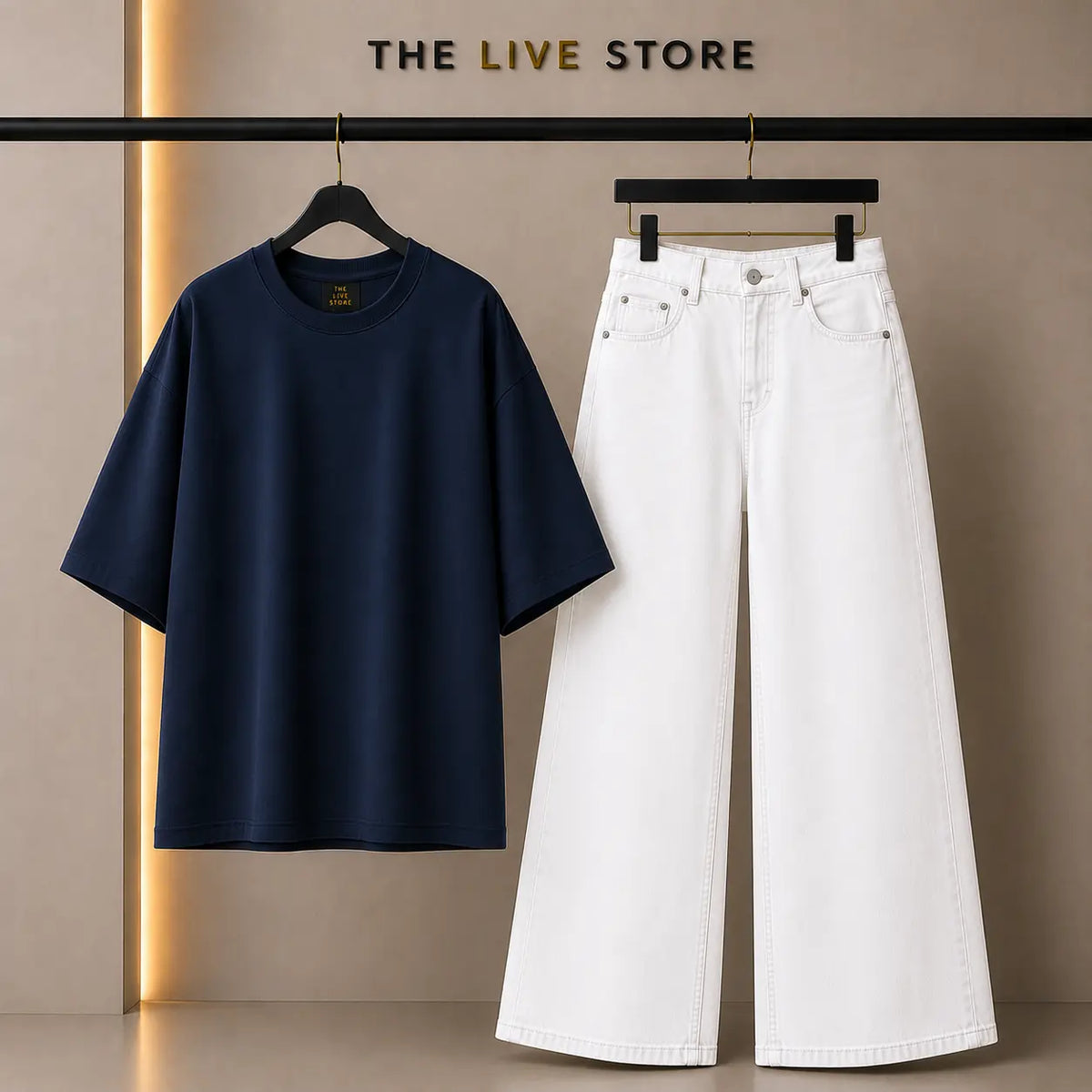 DUO PACK (NAVY BLUE DROP SHOULDER TEE & WHITE WIDE LEG JEANS) The Live Store