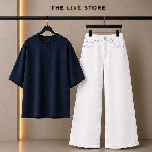 DUO PACK (NAVY BLUE DROP SHOULDER TEE & WHITE WIDE LEG JEANS) The Live Store