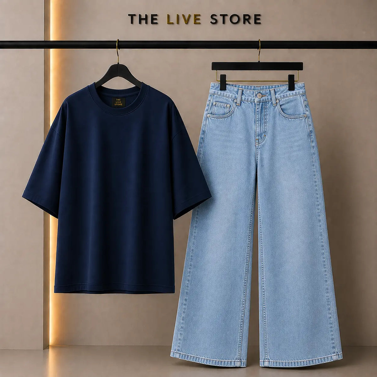 DUO PACK (NAVY BLUE DROP SHOULDER TEE & SKY BLUE WIDE LEG JEANS) The Live Store