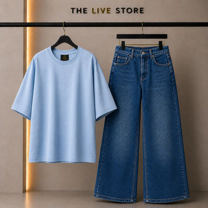 DUO PACK (SKY BLUE DROP SHOULDER TEE & DARK BLUE WIDE LEG JEANS) The Live Store