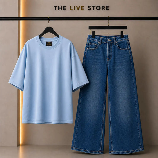 DUO PACK (SKY BLUE DROP SHOULDER TEE & DARK BLUE WIDE LEG JEANS) The Live Store