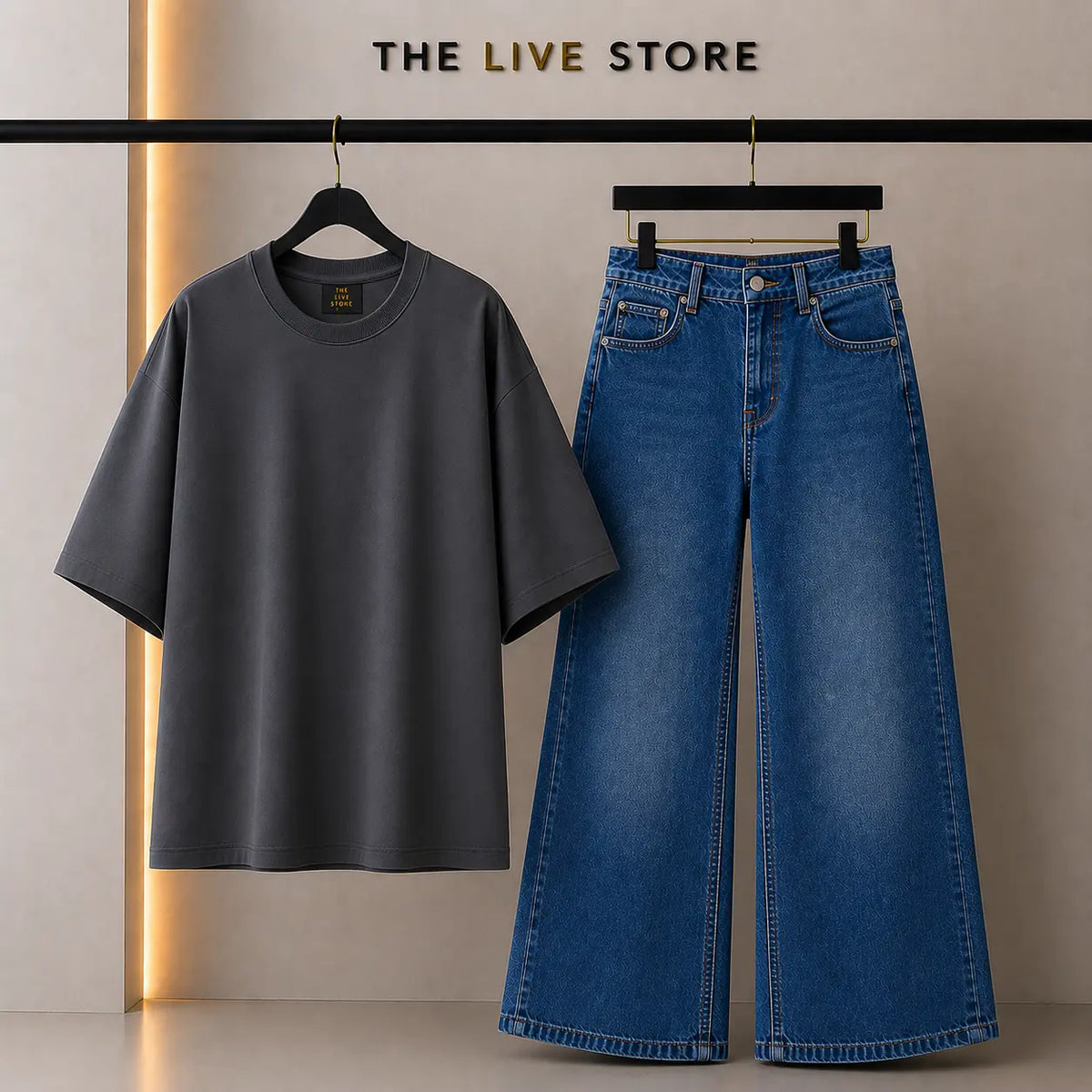 DUO PACK (CHARCOAL GREY DROP SHOULDER TEE & MID BLUE WIDE LEG JEANS) The Live Store