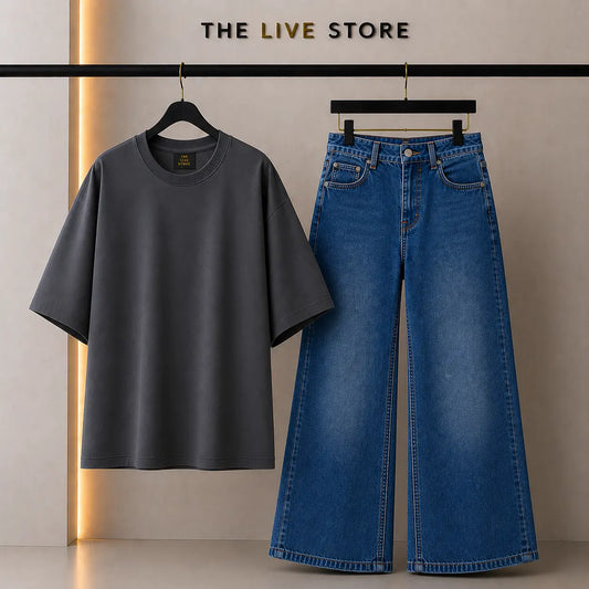 DUO PACK (CHARCOAL GREY DROP SHOULDER TEE & MID BLUE WIDE LEG JEANS) The Live Store