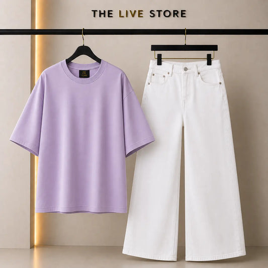 DUO PACK (LILAC DROP SHOULDER TEE & WHITE WIDE LEG JEANS) The Live Store