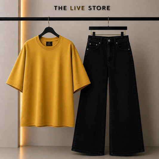 DUO PACK (MUSTARD DROP SHOULDER TEE & BLACK WIDE LEG JEANS) The Live Store